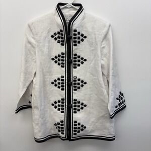 Linea by Louis Dell'Olio 100% Linen Ivory‎ & Black Embroidered Jacket Women's S